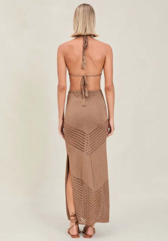Bria Skirt Truffle by Devon Windsor, showcasing the elegant back view with ladder line details and shimmery fabric.