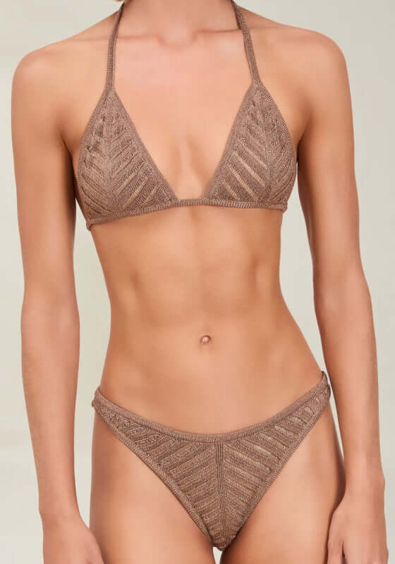 Lucina Bikini Truffle by Devon Windsor featuring a shimmery fine knit triangle top and classic hipster bottoms.
