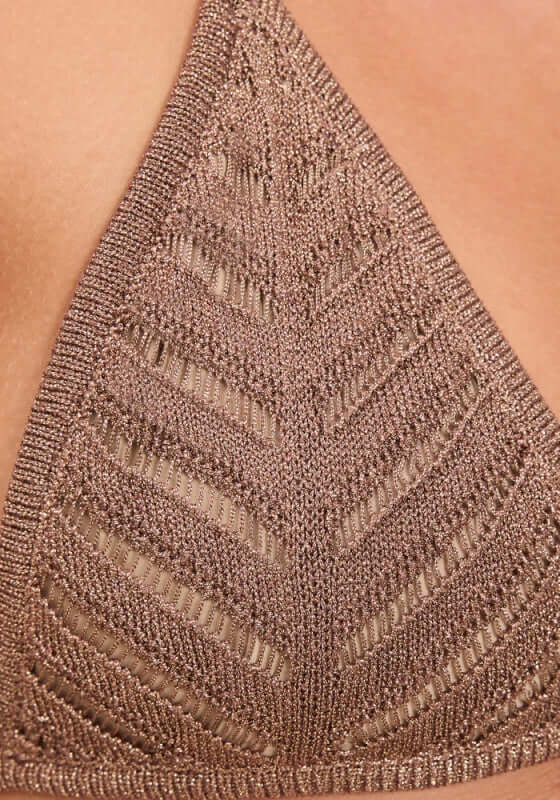 Lucina Bikini Top Truffle by Devon Windsor close-up of intricate leaf pattern on fabric.