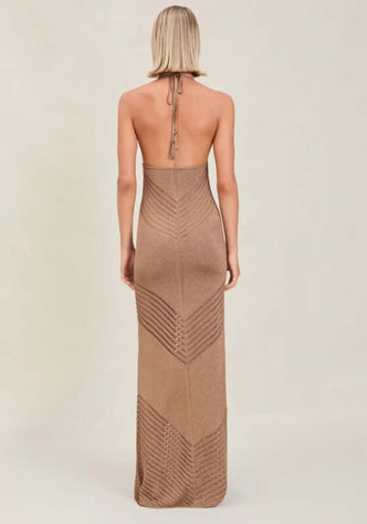 Roma Dress Truffle by Devon Windsor, elegant back view showing luxurious knit and flattering ladder line details.