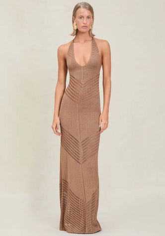 Roma Dress Truffle by Devon Windsor, elegant halter maxi in fine knit with a shimmery finish and ladder line details.