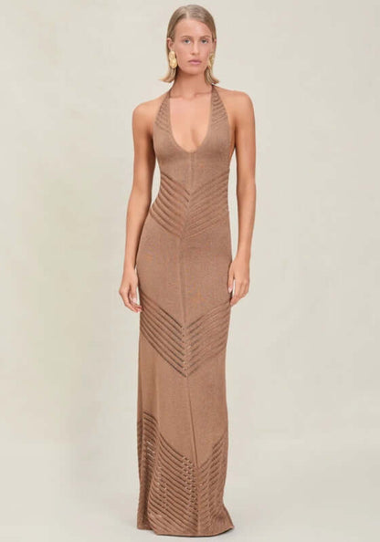 Roma Dress Truffle by Devon Windsor, elegant halter maxi in fine knit with a shimmery finish and ladder line details.