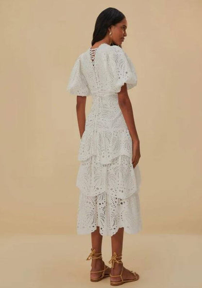 White Eyelet Midi Dress by Farm Rio, showcasing a model wearing the back view of the dress with tiered skirt and puff sleeves.