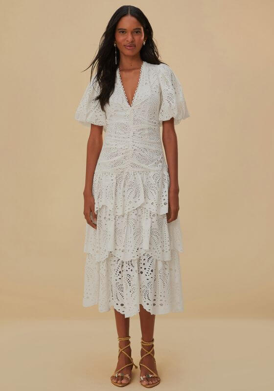 White Eyelet Midi Dress by Farm Rio, model wearing a tiered white cotton dress with puff sleeves and V neckline.