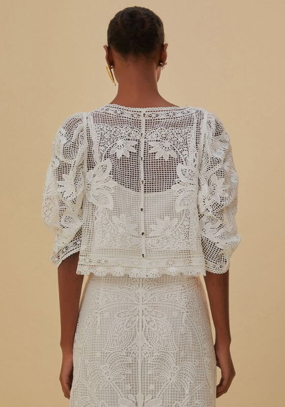 White Guipire Blouse by Farm Rio, showcasing intricate lace details and a stylish back view.