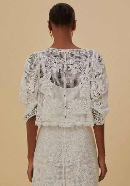 White Guipire Blouse by Farm Rio, showcasing intricate lace details and a stylish back view.