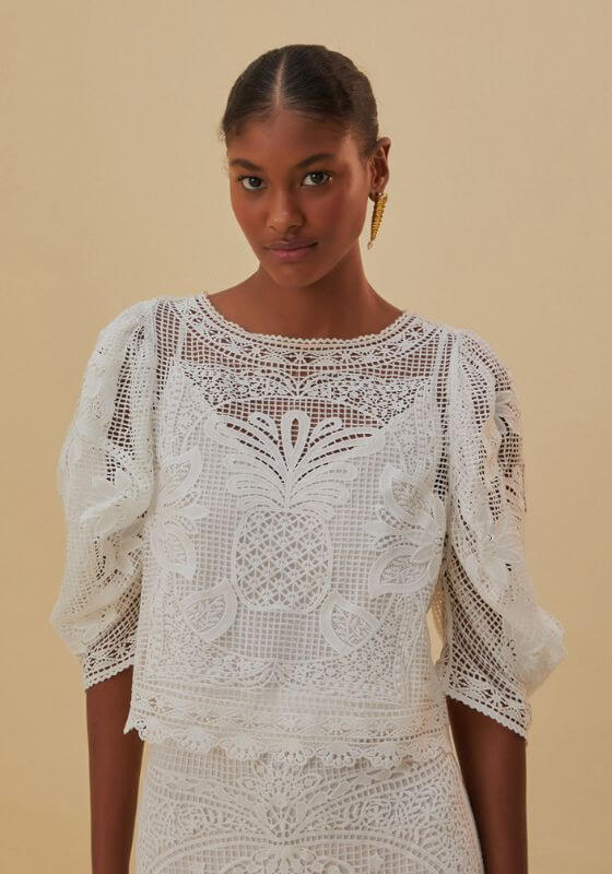 White Guipire Blouse by Farm Rio, featuring intricate lace design and puffed sleeves, perfect for elegant occasions.