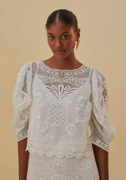 White Guipire Blouse by Farm Rio, featuring intricate lace design and puffed sleeves, perfect for elegant occasions.