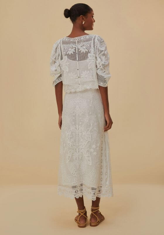 White Guipure Midi Skirt by Farm Rio, featuring intricate lace detail, shown from the back on a model.