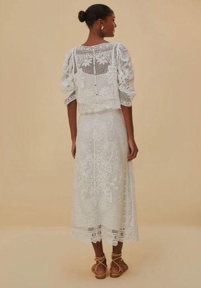 White Guipure Midi Skirt by Farm Rio, featuring intricate lace detail, shown from the back on a model.