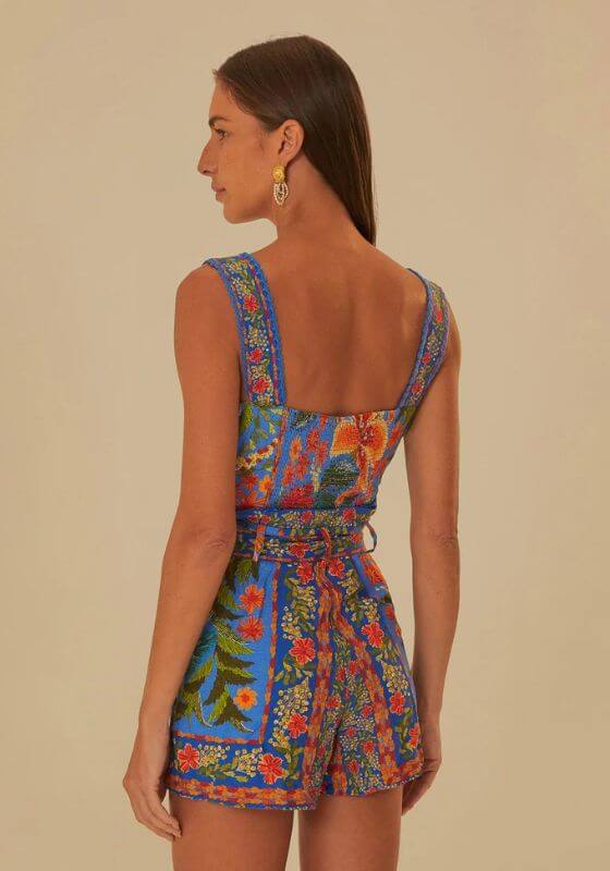 Stiched Garden Blue Romper by Farm Rio, showcasing the back view of a floral-patterned blue romper with a square neckline.