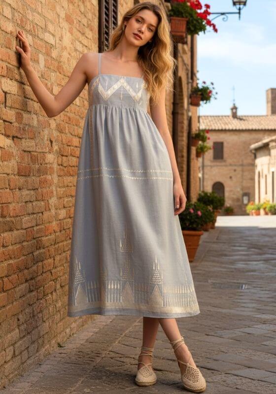 Roots Strappy Midi Dress Grey by Greek Archaic Kori, featuring a model in a grey cotton dress with spaghetti straps and champagne embroidery.