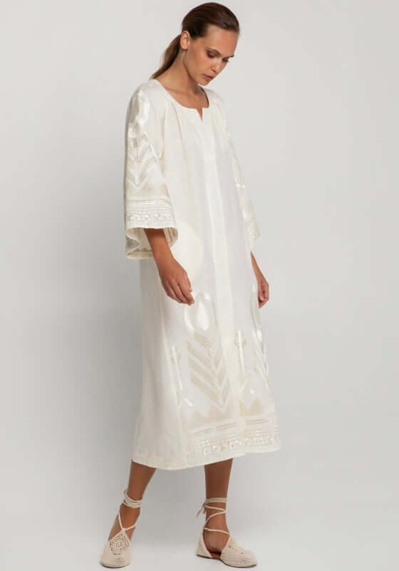 Feather Midi Dress Natural by Greek Archaic Kori, featuring a kaftan design with champagne embroidery.