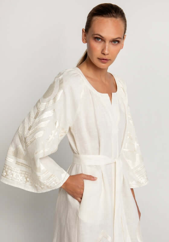 Feather Midi Dress Natural by Greek Archaic Kori, featuring elegant champagne embroidery and stylish mid-length puff sleeves.