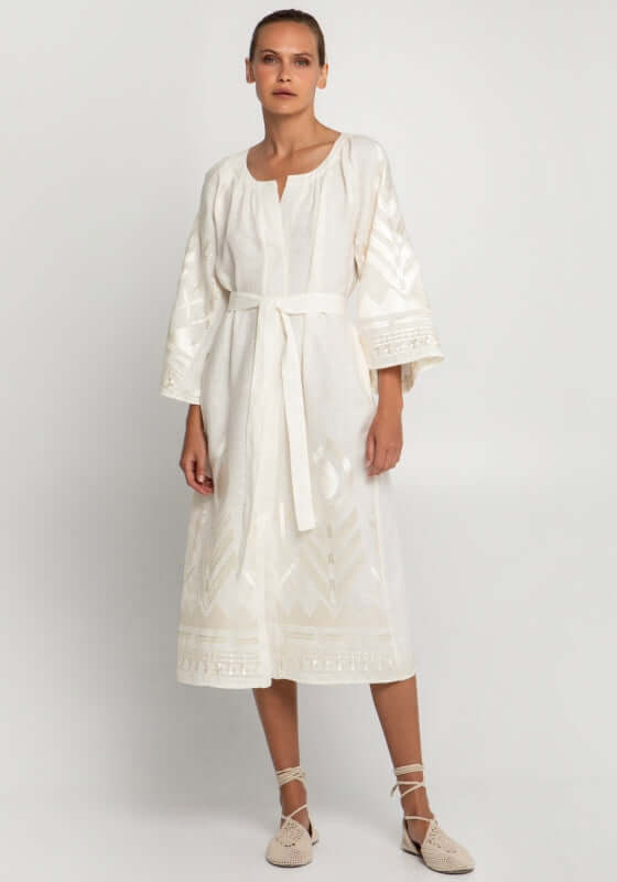 Feather Midi Dress Natural by Greek Archaic Kori, showcasing a stylish white dress with mid-length puff sleeves.