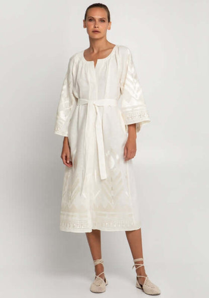 Feather Midi Dress Natural by Greek Archaic Kori, showcasing a stylish white dress with mid-length puff sleeves.