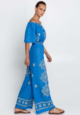 kori gold and blue beach trousers