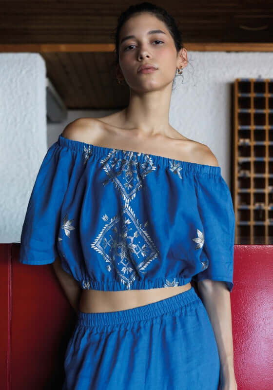 kori lefkada off shoulder beach top blue gold