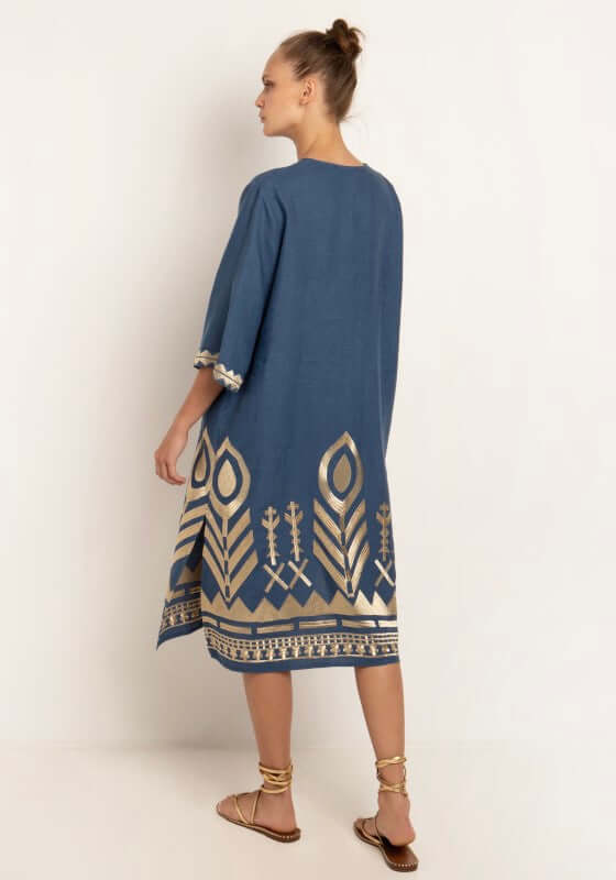 greek style midi dress Greek Archaic Kori Linen Feather Dress Maxi Cross Straps Black/Gold