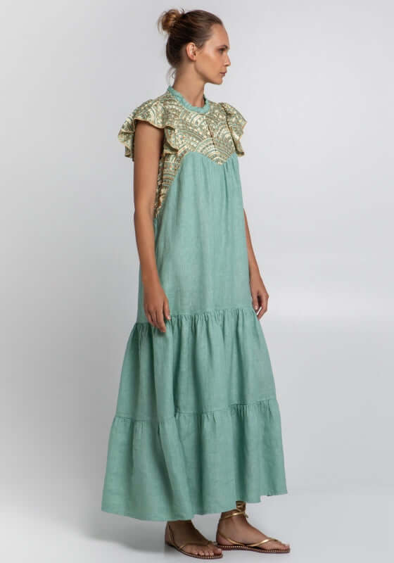 Greek Archaic Kori | Triangle Ruffle Maxi Dress Sea Green - Beach Cafe Greek Archaic Kori | Triangle Ruffle Maxi Dress Sea Green - Beach Cafe