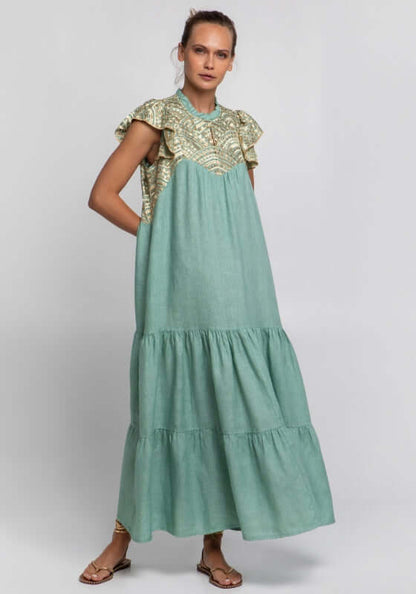 kori embroidered maxi beach dress green gold