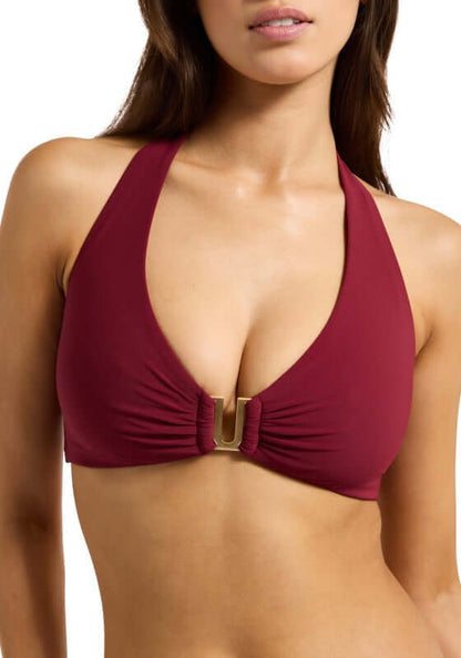 Jetset DD Halter Bikini Top Burgundy by Jets Swimwear, featuring a deep V-neck and gold accent in burgundy color.