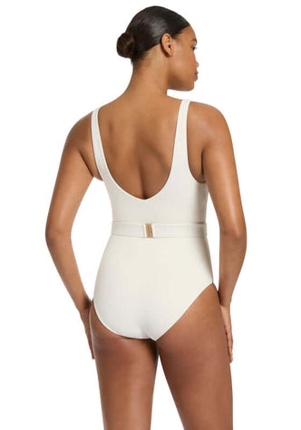 Ivory Isla Rib V Neck Belted Swimsuit by Jets, showing a model from the back wearing a chic and stylish swimsuit.
