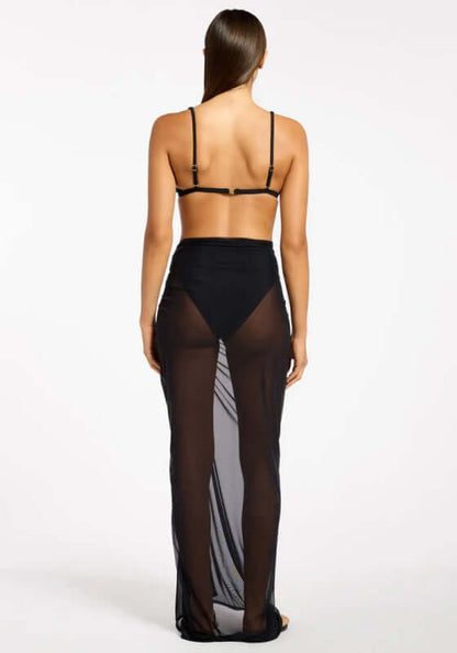 Jetset Lure Mesh Skirt by Jets Swimwear, featuring a sheer black mesh fabric for a sophisticated silhouette.