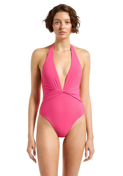 Jetset Plunge Swimsuit Rose by Jets Australia, showcasing a striking one-piece with plunge front and halter tie neck.