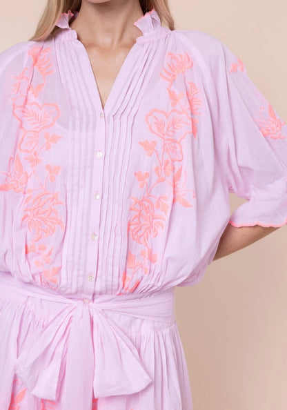 Butterfly Blouson Dress Petal Pink by Juliet Dunn, showcasing pink blouse with butterfly embroidery and button details.