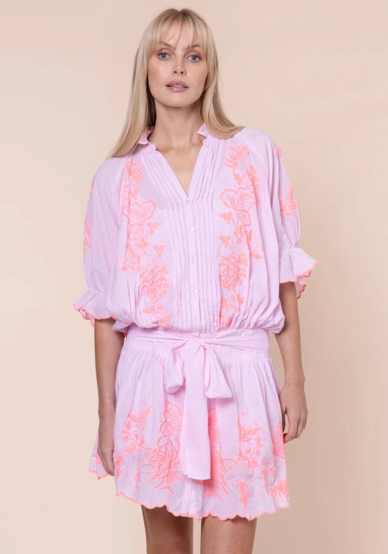 Butterfly Blouson Dress Petal Pink by Juliet Dunn, showcasing elegant butterfly embroidery and a stylish button-down design.