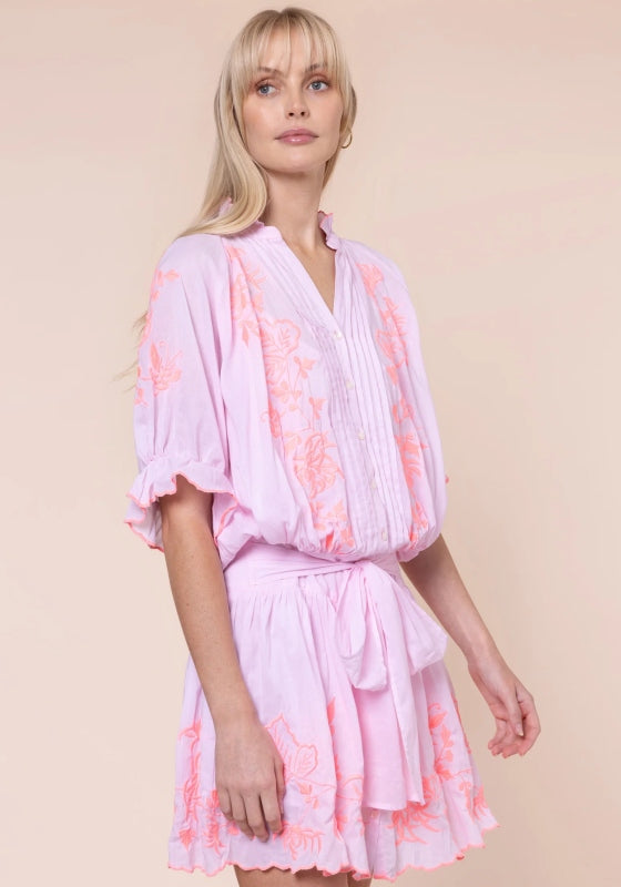 Butterfly Blouson Dress Petal Pink by Juliet Dunn, featuring butterfly embroidery, pintuck detailing, and a bow waist.