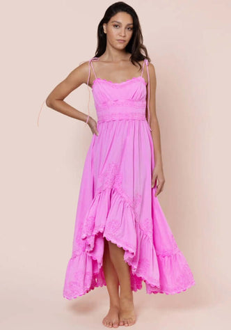 Poplin Hi-Low Dress Hibiscus by Juliet Dunn, featuring a sweetheart neckline and scalloped hem in vibrant pink.