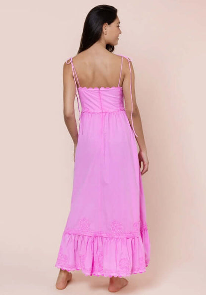 Poplin Hi-Low Dress Hibiscus by Juliet Dunn, showcasing the back view with delicate spaghetti straps and a scalloped hem.