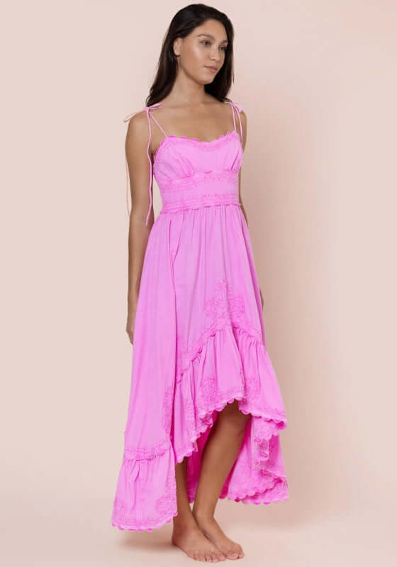 Poplin Hi-Low Dress Hibiscus by Juliet Dunn featuring a sweetheart neckline and scalloped hem in vibrant pink.