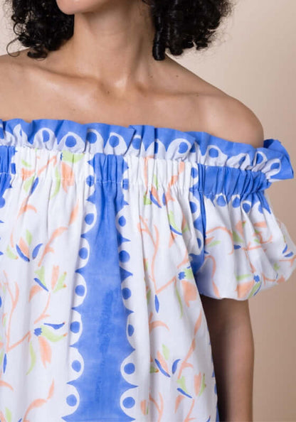 Birds Of Paradise Off Shoulder Dress by Juliet Dunn featuring off-shoulder design and vibrant floral patterns.