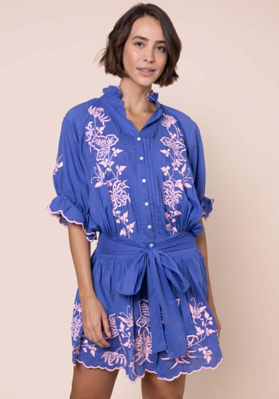 Butterfly Blouson Dress Denim by Juliet Dunn featuring denim blue fabric and candy pink butterfly embroidery.