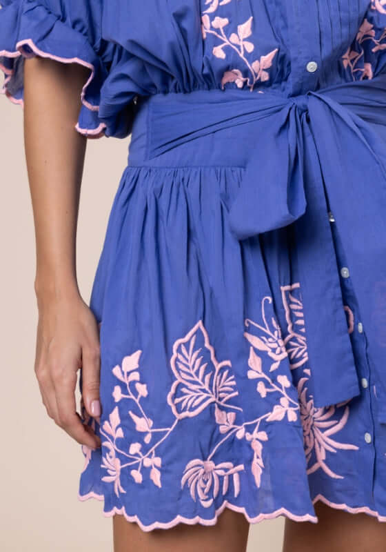 Butterfly Blouson Dress Denim by Juliet Dunn featuring Candy pink Butterfly embroidery and elasticated waist with bow detail.