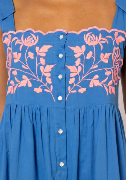 Butterfly Embroidery Shoulder Tie Dress Marine by Juliet Dunn, featuring vibrant watermelon embroidery on a bright marine fabric.