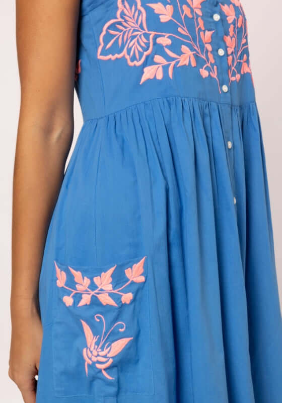 Butterfly Embroidery Shoulder Tie Dress Marine by Juliet Dunn showcasing vibrant watermelon embroidery and butterfly details.