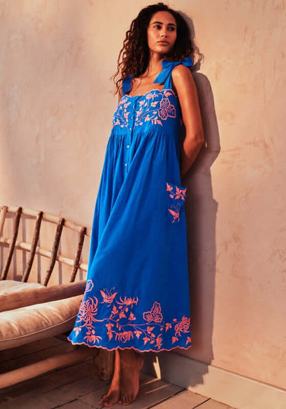 Butterfly Embroidery Shoulder Tie Dress Marine by Juliet Dunn, showcasing a vibrant blue sundress with butterfly embroidery.