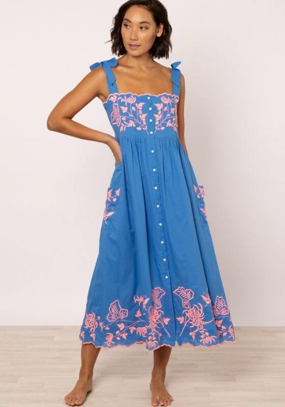 Butterfly Embroidery Shoulder Tie Dress Marine by Juliet Dunn, featuring vibrant watermelon embroidery and shoulder ties.