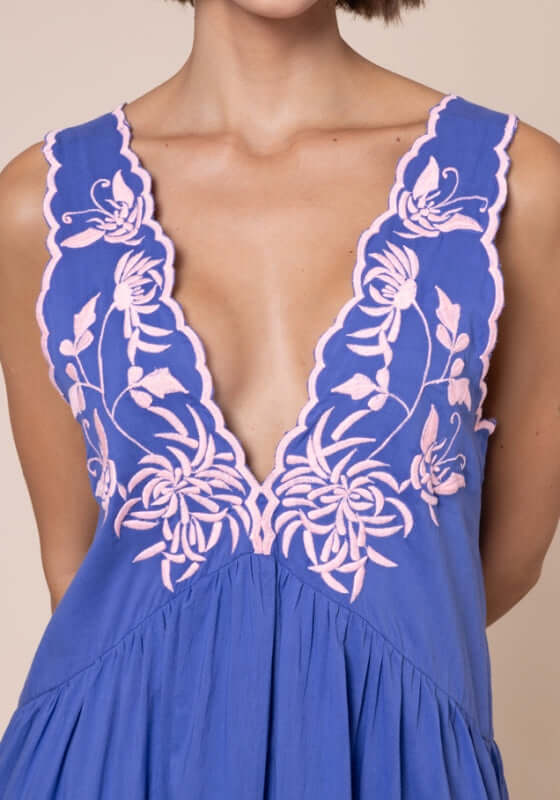 Butterfly V Neck Mini Dress Denim by Juliet Dunn featuring a stunning V neckline and pink floral embroidery.