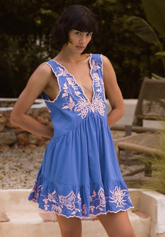 Butterfly V Neck Mini Dress Denim by Juliet Dunn, featuring pink butterfly embroidery and a scalloped hem.