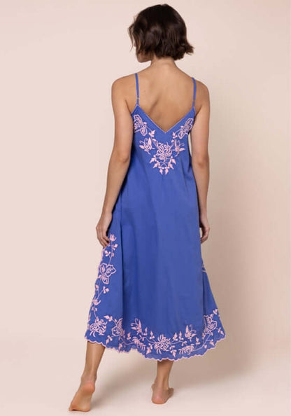 Butterfly Slip Dress Denim Candy by Juliet Dunn, showcasing a blue dress with pink butterfly embroidery and spaghetti straps.