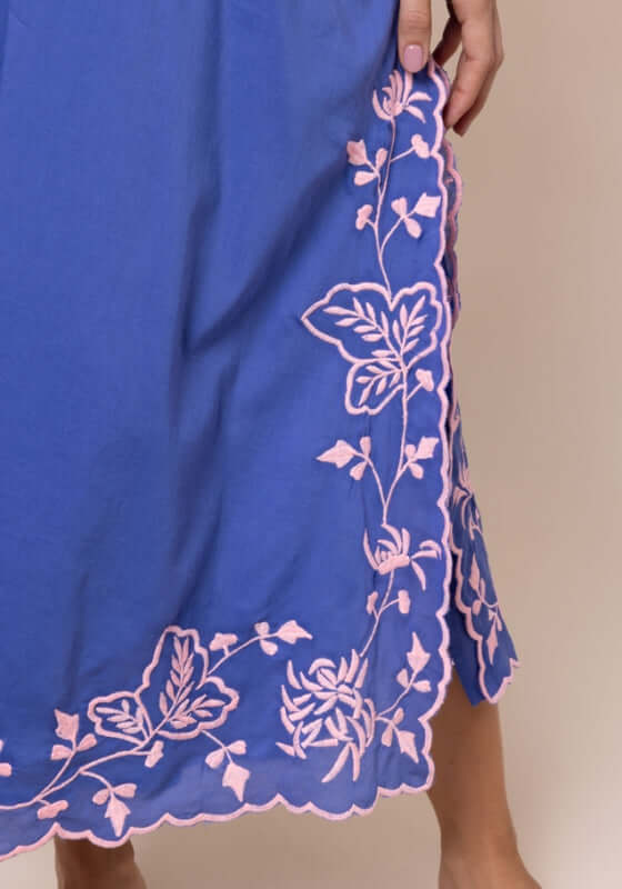 Butterfly Slip Dress Denim Candy by Juliet Dunn featuring playful pink butterfly embroidery and delicate side slits.