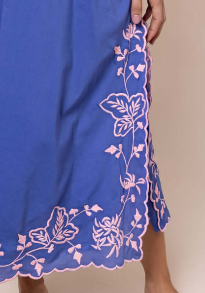 Butterfly Slip Dress Denim Candy by Juliet Dunn featuring playful pink butterfly embroidery and delicate side slits.