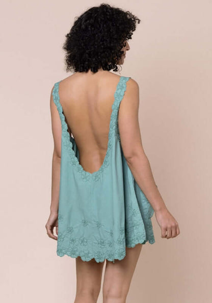 Poplin Floral Low Back Dress Cactus by Juliet Dunn, featuring a low back design in soft green fabric.