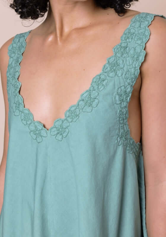 Poplin Floral Low Back Dress Cactus by Juliet Dunn, featuring a v-neckline and floral lace trim on the straps.