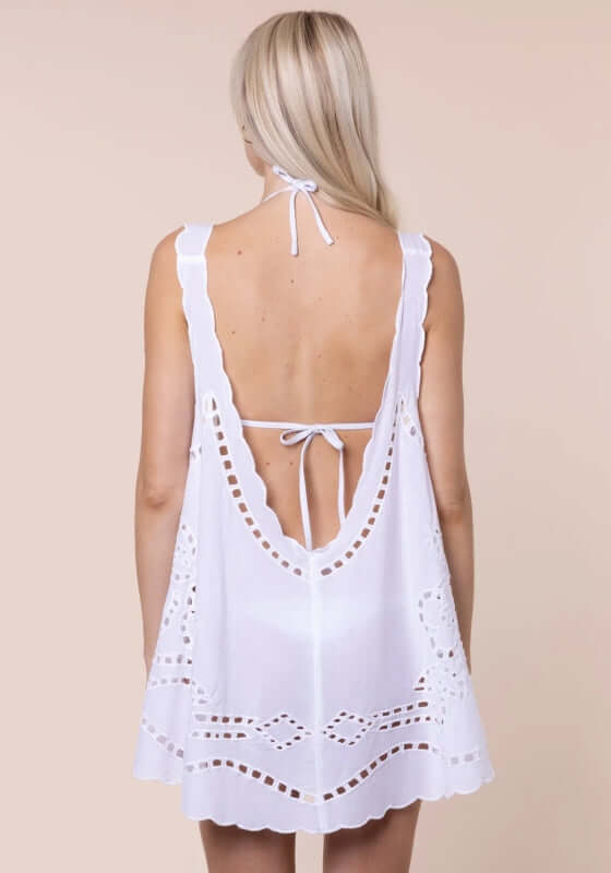 Cutwork Low Back Dress White by Juliet Dunn, showcasing elegant scalloped trim and a low back design in white cotton.